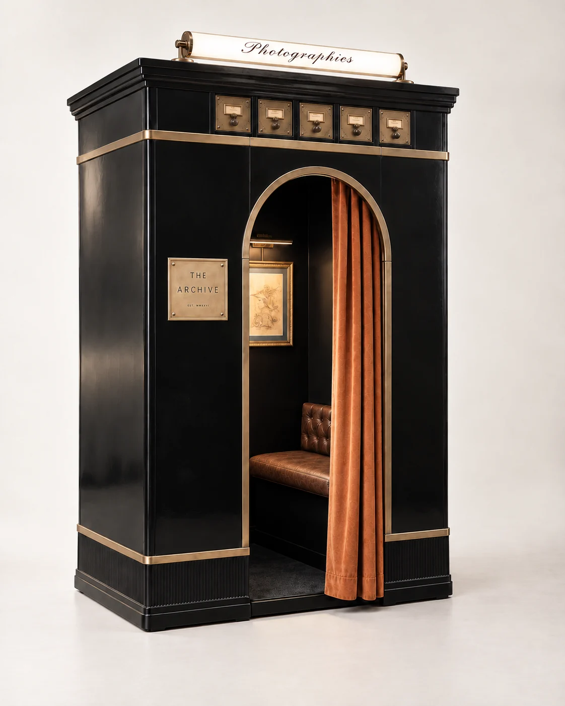 The Archive portrait booth black and brass exterior with arched entrance and cognac curtain